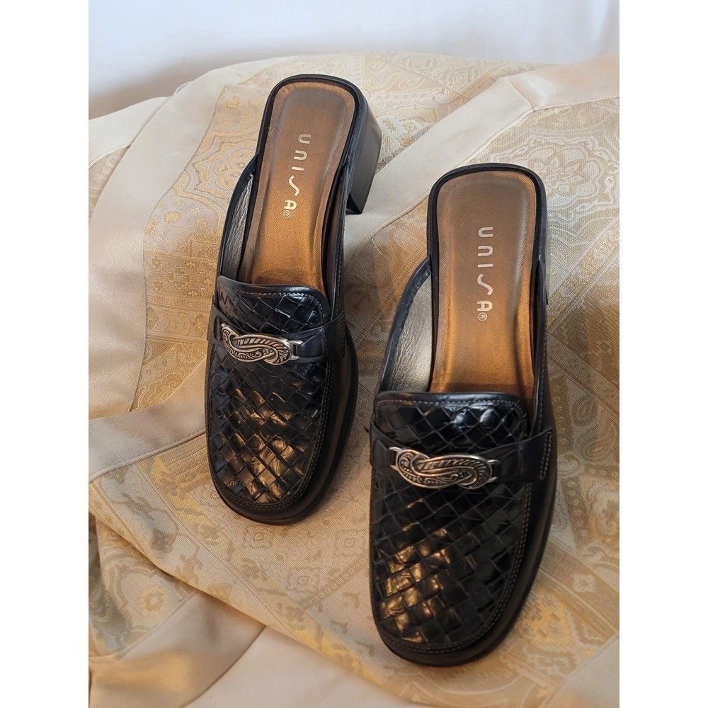 Unisa Womens Black Woven Leather Mule Loafers Block Heel Silver Hardware Sz 7.5